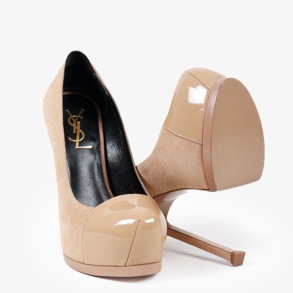 Saint Laurent Beige Suede Patent Leather Tribtoo Platform Pumps - Picture 4 of 11